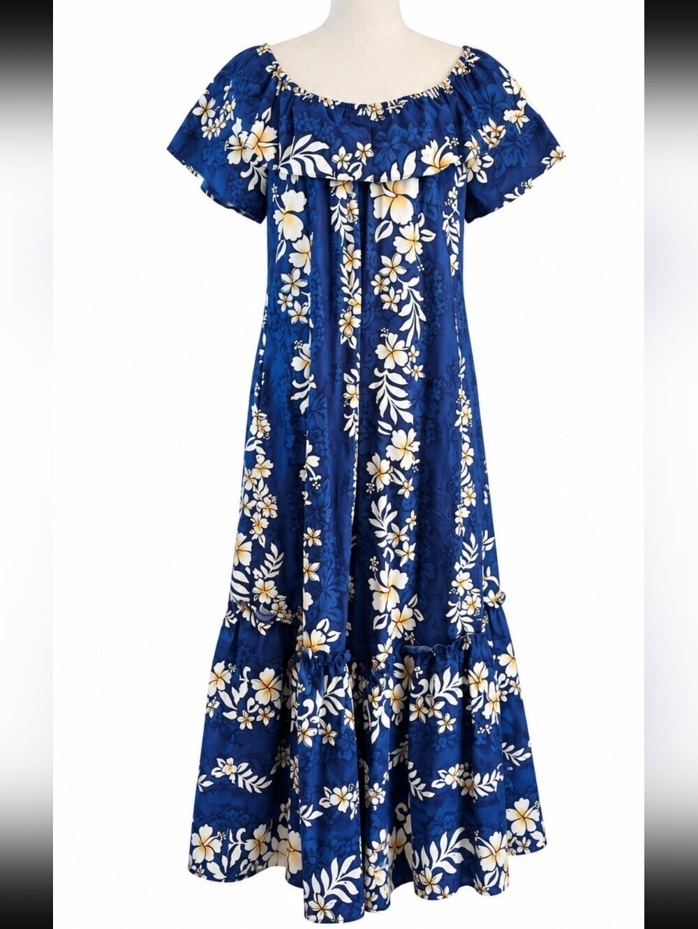Vintage Jade Fashions Made In Hawaii Blue Floral Cotton Maxi Dress Size S